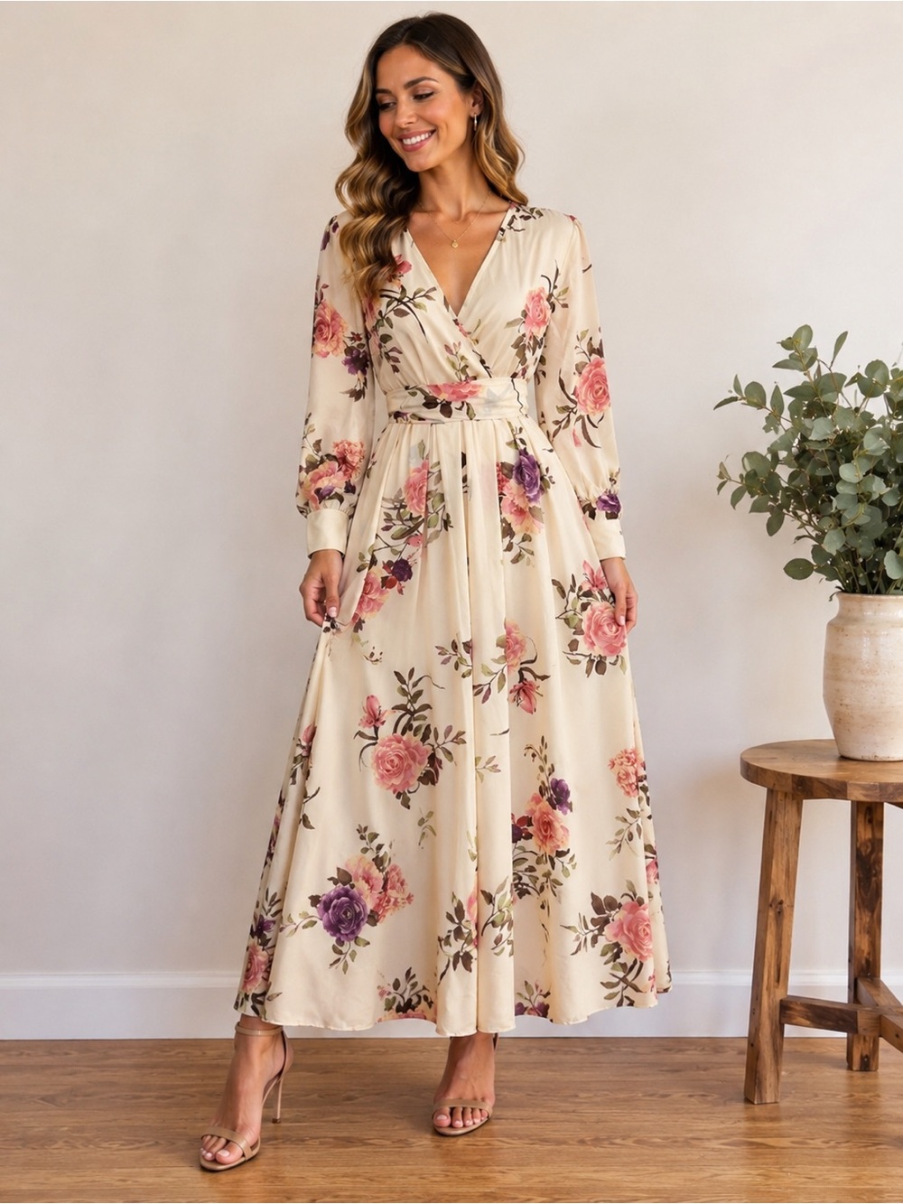 Ricarica Floral Maxi Dress Size Large Cream Pink Wrap Style Long Sleeve